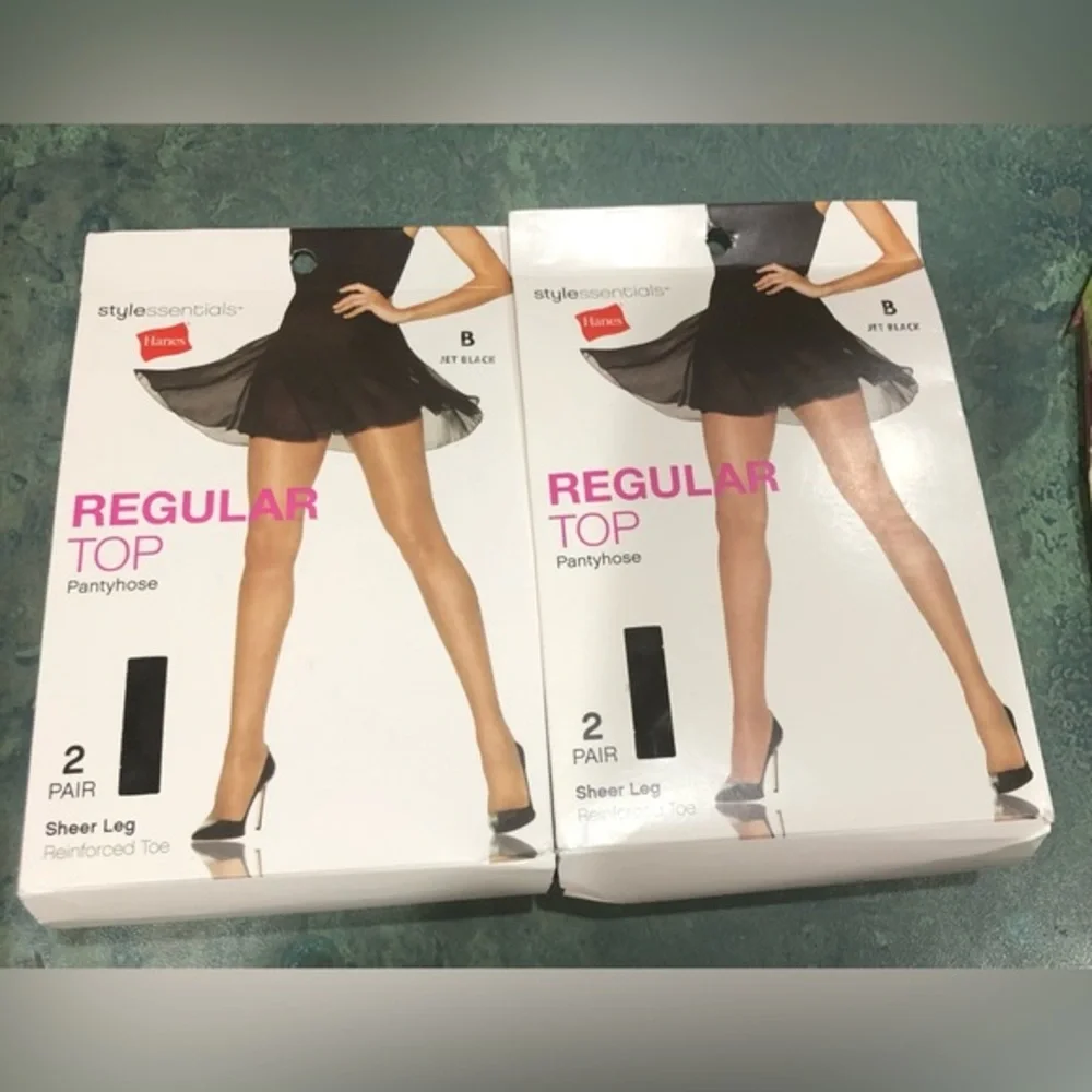 4pairs Hanes regular top sheer leg reinforced toe jet black pantyhose size B new